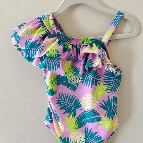 Toddler Girl’s Cat & Jack One Shoulder Swimsuit Pink Palm Tree - Picture 2 of 4